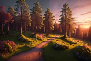 Path in mysterious forest mystical landscape at dawn sunset twisted trees photo