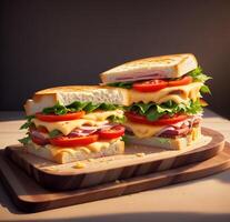 emparedados en un corte tablero con jamón queso y tomate ai generado foto