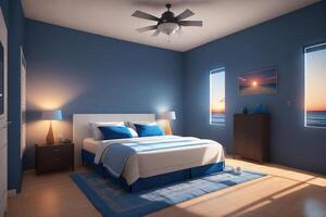 A bedroom with a blue bed and a white lamp on the wall photo