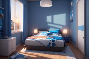 A bedroom with a blue bed and a white lamp on the wall photo