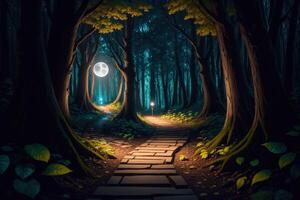 A path in the woods with the moon in the background photo