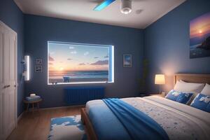A bedroom with a blue bed and a white lamp on the wall photo
