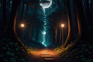 A path in the woods with the moon in the background photo