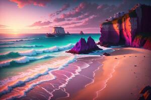 un pintura de un playa con un acantilado en el antecedentes ai generado foto