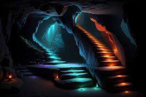 A cave with steps leading to the stairs photo