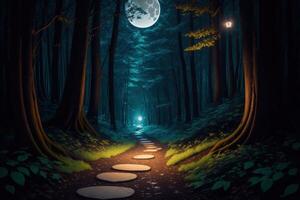 A path in the woods with the moon in the background photo