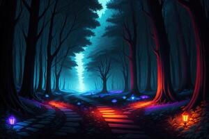 a path leading into a forest at night fantasy mystical photo