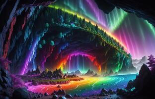 un arco iris brilla terminado un cueva con un arco iris en el antecedentes ai generado foto