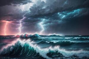 un tormenta terminado el Oceano con un relámpago tornillo en el horizonte ai generado foto