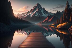 A wooden dock with a mountain in the background photo