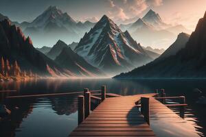 A wooden dock with a mountain in the background photo