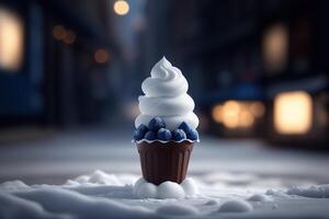 Chocolate vanilla ice cream cone ads with ice cubes and snowflakes photo