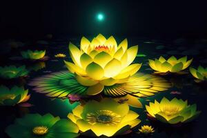 Golden lotus rose blooms at night in the water in the swamp fantasy magic flower yellow light photo