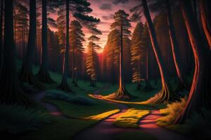 Path in mysterious forest mystical landscape at dawn sunset twisted trees photo