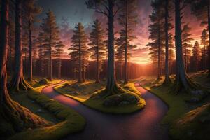 Path in mysterious forest mystical landscape at dawn sunset twisted trees photo
