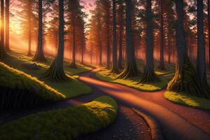 Path in mysterious forest mystical landscape at dawn sunset twisted trees photo