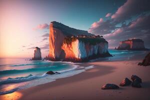 A painting of a beach with a cliff in the background photo