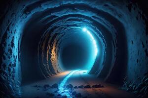 A dark tunnel with a blue light and a blue light photo