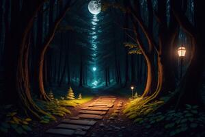 A path in the woods with the moon in the background photo