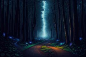 a path leading into a forest at night fantasy mystical photo