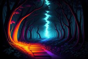 a path leading into a forest at night fantasy mystical photo