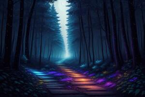 a path leading into a forest at night fantasy mystical photo