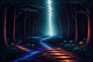 a path leading into a forest at night fantasy mystical photo