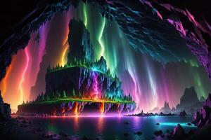 un arco iris brilla terminado un cueva con un arco iris en el antecedentes ai generado foto