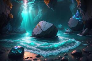 A rock in the water with the word photo