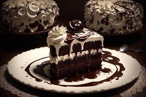 chocolate cake with chocolate syrup and whipped cream photo