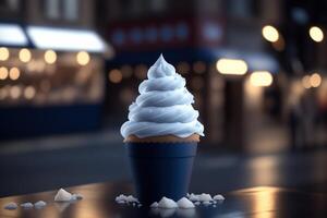 chocolate vainilla hielo crema cono anuncios con hielo cubitos y copos de nieve ai generado foto