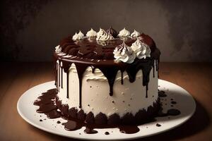 chocolate cake with chocolate syrup and whipped cream photo