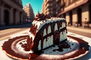 chocolate cake with chocolate syrup and whipped cream photo