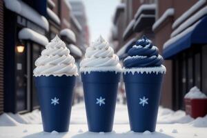 Chocolate vanilla ice cream cone ads with ice cubes and snowflakes photo