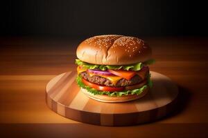 Fresco sabroso hecho en casa hamburguesa en de madera mesa ai generado foto