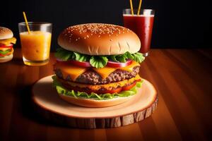 Fresh tasty homemade burger on wooden table photo