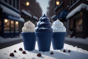 Chocolate vanilla ice cream cone ads with ice cubes and snowflakes photo
