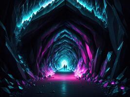 Glowing crystal cave tunnel photo