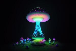 Glowing magic mushroom on black background photo