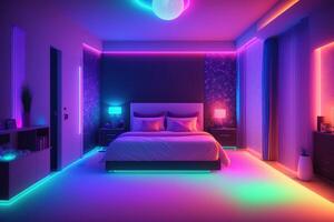 Modern bedroom interior with neon lights glowing ambient in the evening photo