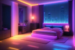 Modern bedroom interior with neon lights glowing ambient in the evening photo