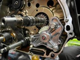 motorcycle service engine repair close up.  Maintenance of motorcycle engine. photo