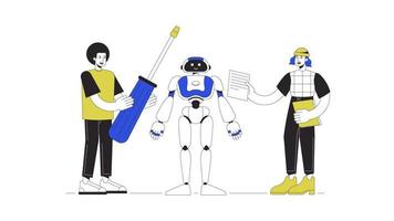 edificio humanoide robot animación. animado robótica ingenieros 2d dibujos animados plano color línea caracteres. mecatrónica 4k vídeo concepto imágenes en blanco con alfa canal transparencia para web diseño video