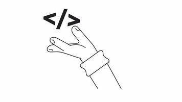 Animated mono angle brackets on hand. Coding project. 2D black and white flat character hand 4K video footage with alpha channel transparency. Thin line art concept animation for web design