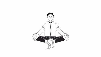 Animated mono yoga for stress relief. Man in meditation. Thin line flat character animation on white with alpha channel transparency. Monochromatic cartoon style 4K video footage for web design