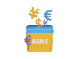 dinero ahorro banco con moneda , yen y euro icono 3d representación vector ilustración