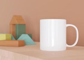 White kids mug mock up. Blank template for your design, advertising, logo. Close-up view. Copy space. Cup standing in children room. Playful cup mockup. 3D rendering. photo