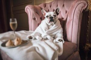 Dog is relaxing after bath. Pets spa, grooming salon, pet resort. Animal care service, bathing. Rest, relax, wellness. . photo