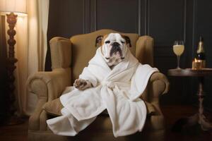 Dog is relaxing after bath. Pets spa, grooming salon, pet resort. Animal care service, bathing. Rest, relax, wellness. . photo