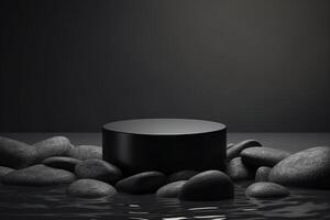 Product presentation mock-up with rocks and water. Podium with copy space. Stage, display, showroom. Empty scene. . photo